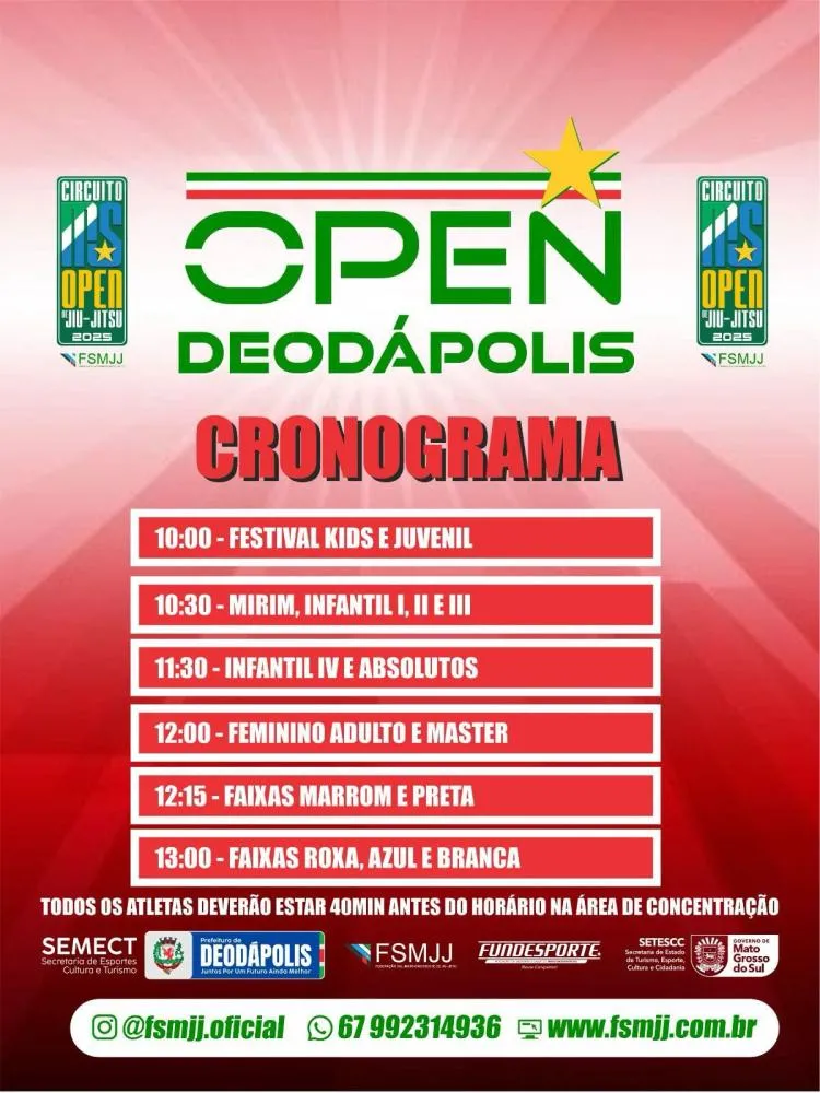 Deodápolis recebe 2ª etapa do Circuito Open FSMJJ 2025 de jiu-jitsu com premiação e pontos no ranking