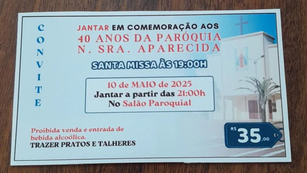 Paróquia Nossa Senhora Aparecida celebra 40 anos no dia 10 de maio com missa e jantar