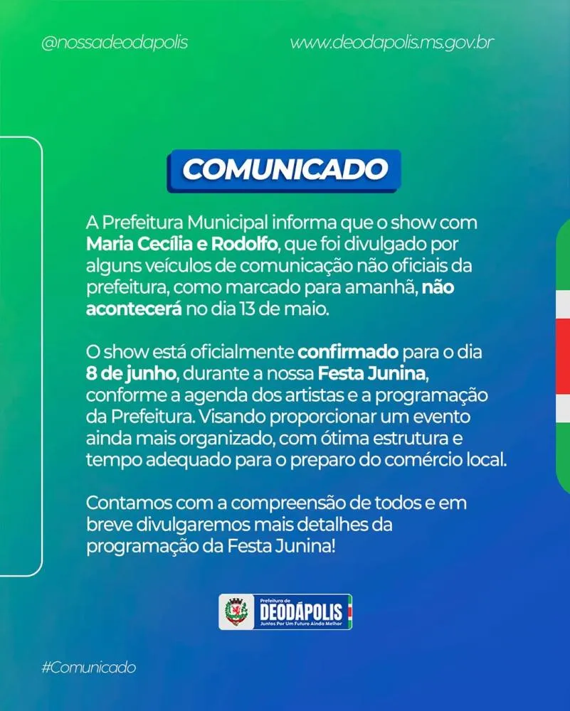Prefeitura de Deodápolis corrige data do show de Maria Cecília e Rodolfo, que será realizado em junho