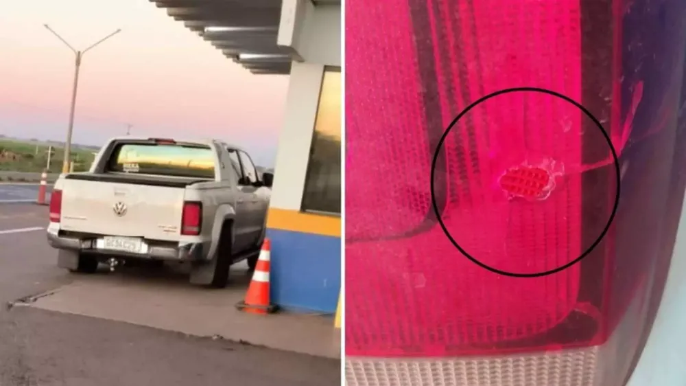 Caminhonete foi atingida por disparos de arma de fogo. (Imagem: WhatsApp/Nova News)