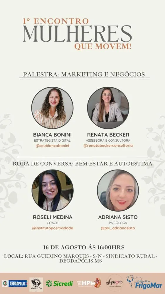1° Encontro “Mulheres que Movem” será em 16 de agosto, às 16h, no Sindicato Rural de Deodápolis