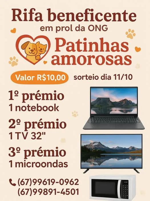 ONG Patinhas Amorosas realiza rifa beneficente com prêmios e sorteio marcado para outubro