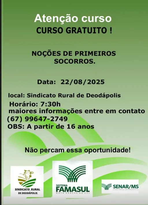 Curso gratuito de primeiros socorros será realizado em Deodápolis no dia 22 de agosto