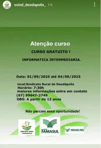 Sindicato Rural e Senar promovem curso gratuito de informática intermediária em Deodápolis