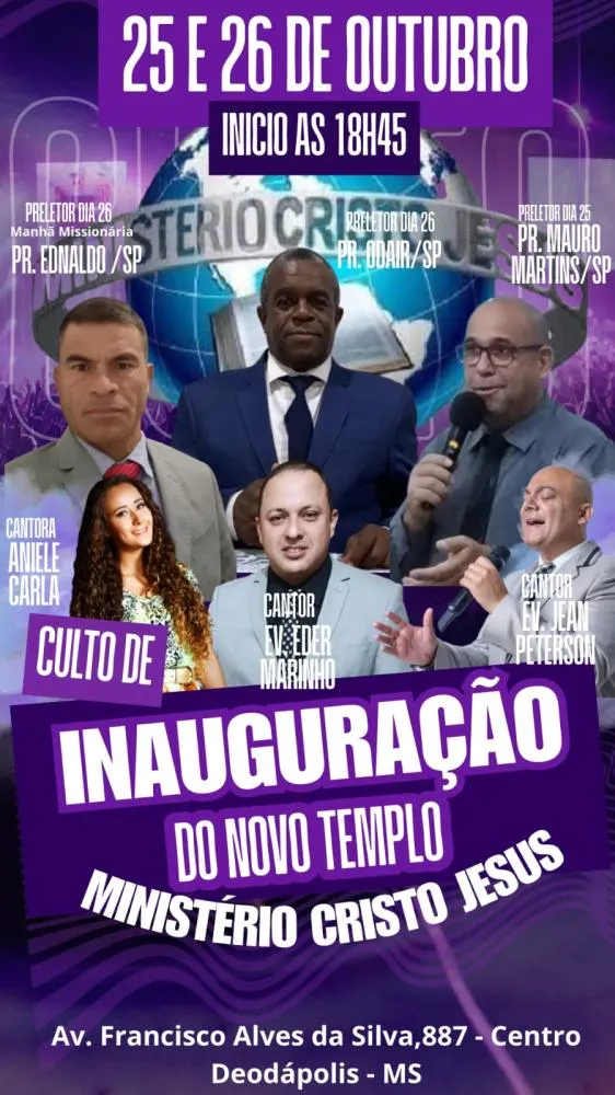 Culto nos dias 25 e 26 de outubro marcará inauguração do novo templo do Ministério Cristo Jesus em Deodápolis