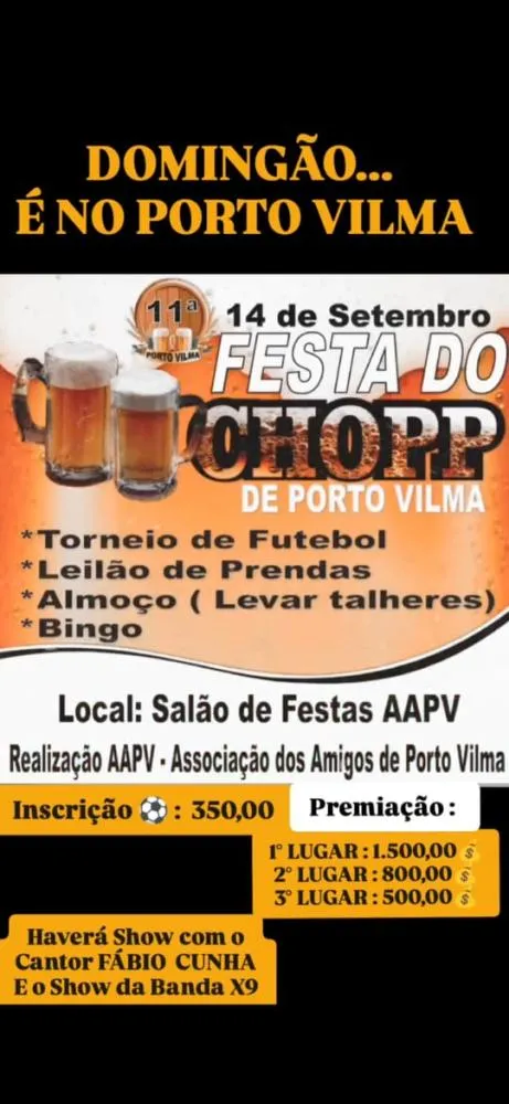 Festa do Chopp em Porto Vilma será neste domingo, 14/09, com shows, torneio de futebol e prêmios em dinheiro