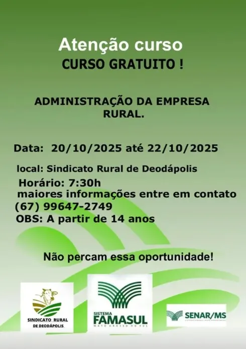Senar e Sindicato Rural de Deodápolis oferecem cursos gratuitos de bordado e administração rural