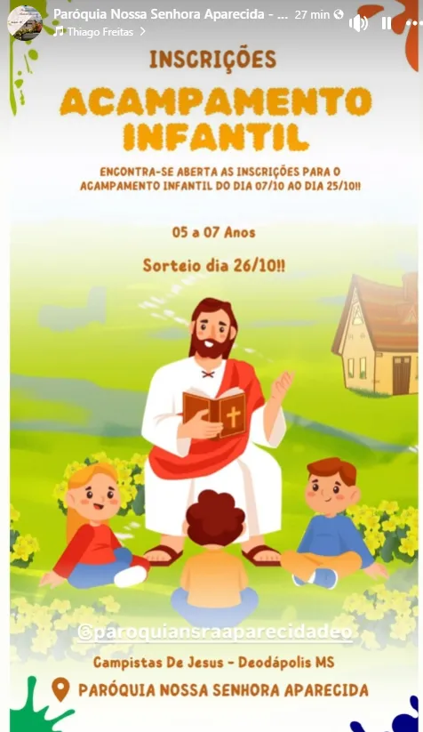 Paróquia Nossa Senhora Aparecida abre inscrições para Acampamento Infantil em Deodápolis