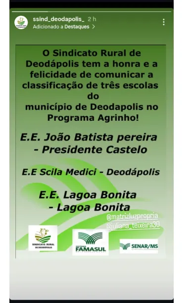 Sindicato Rural mostra que três escolas de Deodápolis foram classificadas no Programa Agrinho 2025