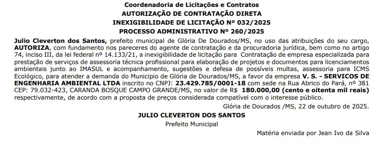 Prefeitura de Glória de Dourados vai gastar R$ 180 mil com empresa para assessoria ambiental e elaboração de projetos