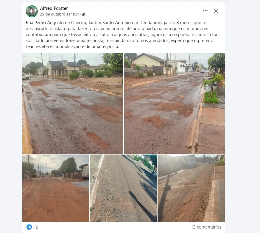 Morador reclama de demora nas obras de recapeamento que seguem paradas há oito meses no Jardim Santo Antônio em Deodápolis