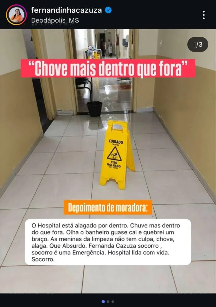 Munícipe denuncia alagamento no Hospital de Deodápolis, e vereadora repercute o caso nas redes sociais