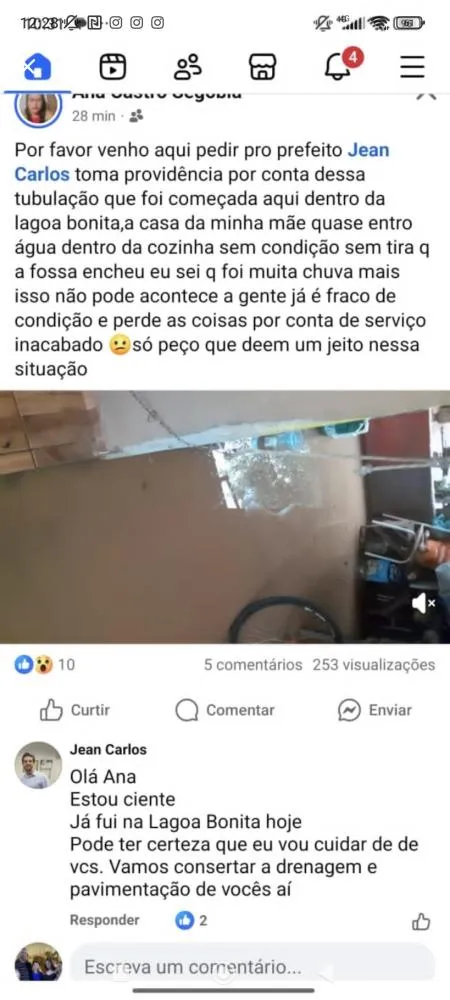 Moradora relata alagamento e cobra providências na Lagoa Bonita; prefeito Jean Gomes responde que drenagem será consertada