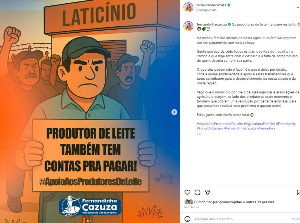 Vereadora Fernandinha Cazuza manifesta apoio a produtores de leite durante protesto na MS-145