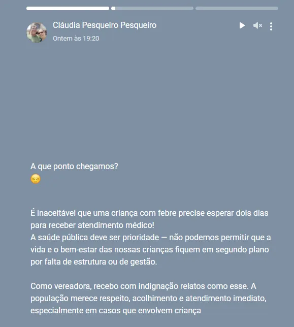 Vereadora questiona nas redes espera de dois dias por atendimento a criança em Glória de Dourados