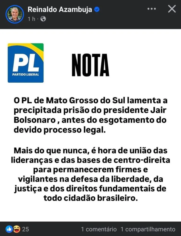 Ex-governador Reinaldo Azambuja divulga nota e critica prisão preventiva de Jair Bolsonaro
