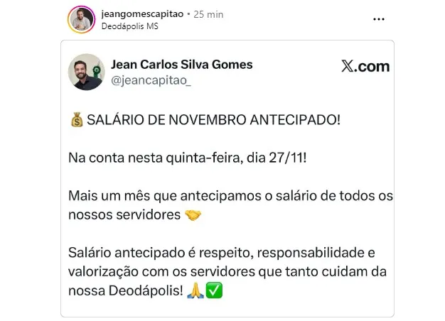 Prefeito Jean Gomes anuncia antecipação do salário de novembro aos servidores em Deodápolis