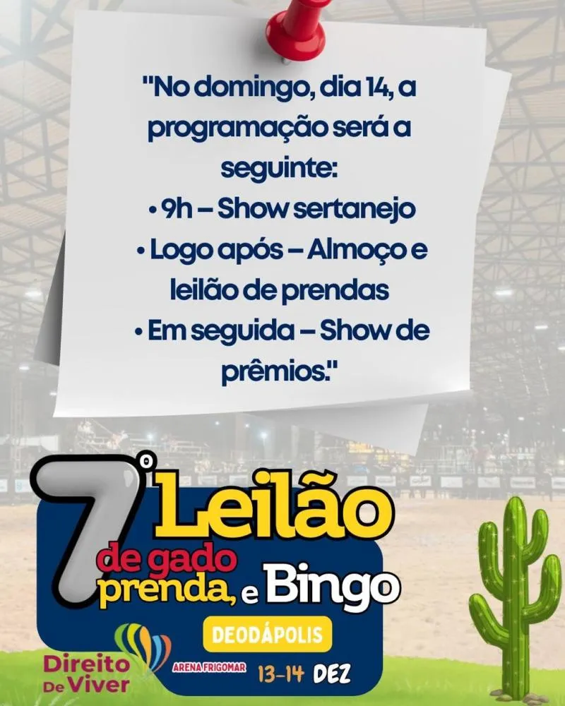 7ª Festa Direito de Viver de Deodápolis segue neste domingo com shows, almoço e leilão de prendas