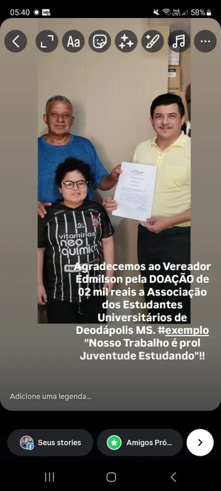 Vereador Edmilson da Banda doa R$ 2 mil do 13º salário à Associação dos Estudantes Universitários de Deodápolis