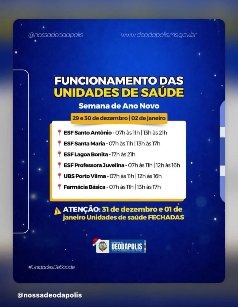 Unidades de saúde de Deodápolis terão horários especiais na semana de Ano Novo