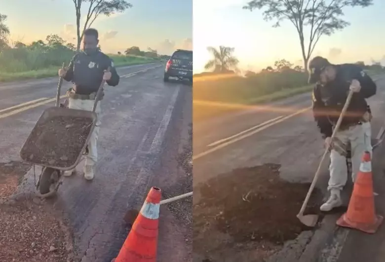 PRF improvisa e realiza tapa-buraco em rodovia federal de MS