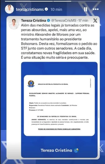 Tereza Cristina formaliza pedido ao STF por tratamento humanitário a Jair Bolsonaro