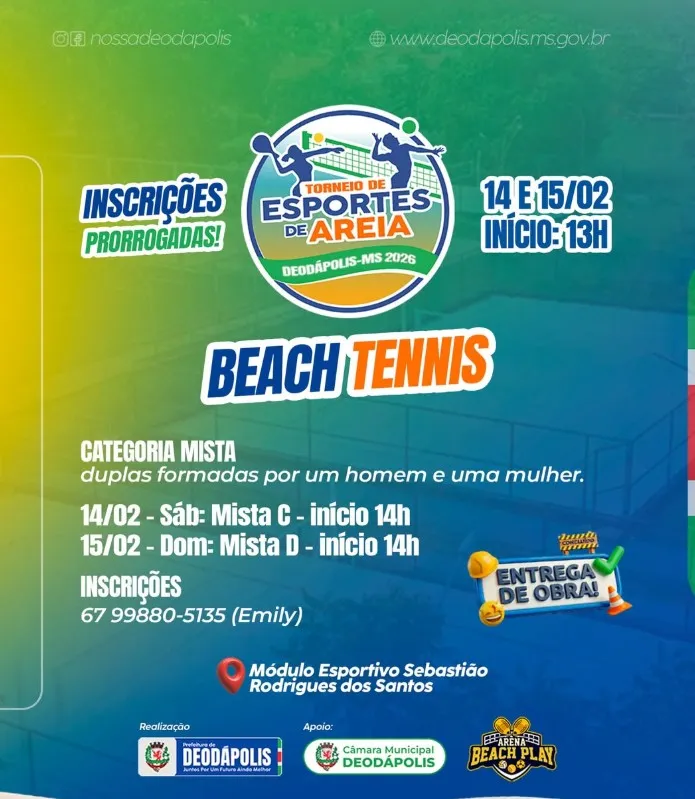 Inscrições para torneio de Beach Tennis são prorrogadas em Deodápolis