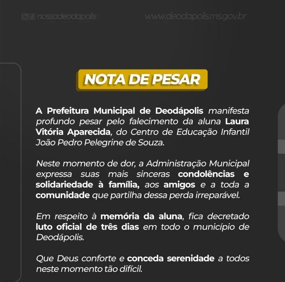 Prefeitura decreta luto oficial de três dias por conta da morte da pequena Laura, de 2 anos e 6 meses