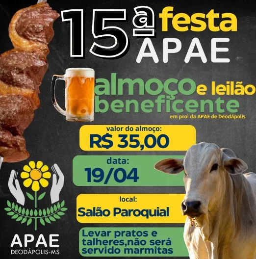 Apae de Deodápolis realiza 15ª festa com almoço beneficente e leilão no dia 19
