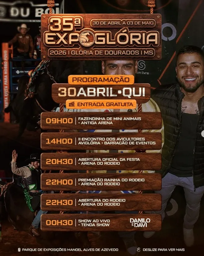 ExpoGlória começa nesta quinta com abertura oficial, rodeio e show de Danilo e Davi