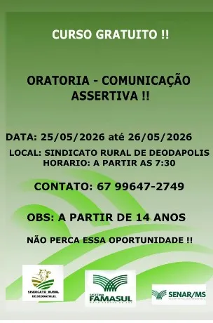 Sindicato Rural de Deodápolis abre inscrições para curso gratuito de oratória e comunicação