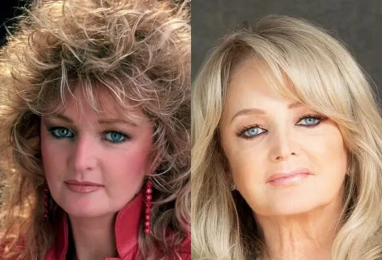 A cantora galesa Bonnie Tyler nos anos 80 e em foto recente - Crédito: Divulgação/Site Oficial