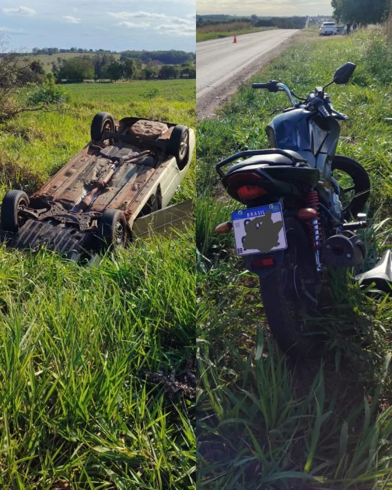 Tombamento de Corolla e colisão com moto deixam feridos na BR-376